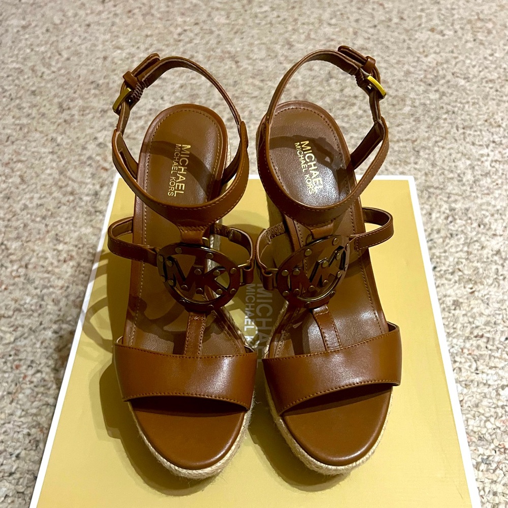 MICHAEL KORS Women’s Kerry Wedges Leather Espadrille,size:6, brown,Used with box